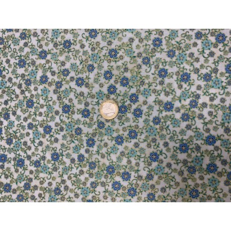 Tissu Robert KAUFMAN fleur bleu sur fond beige Florentine Garden