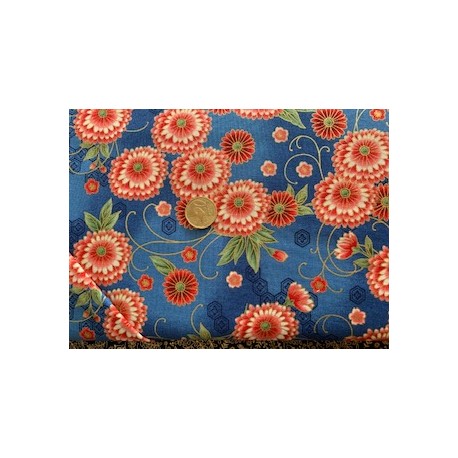 Tissu japonais kaufmann fleurs rouge fond bleu 