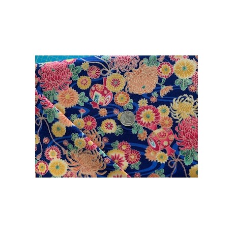 Tissu japonais multi floraison fond bleu